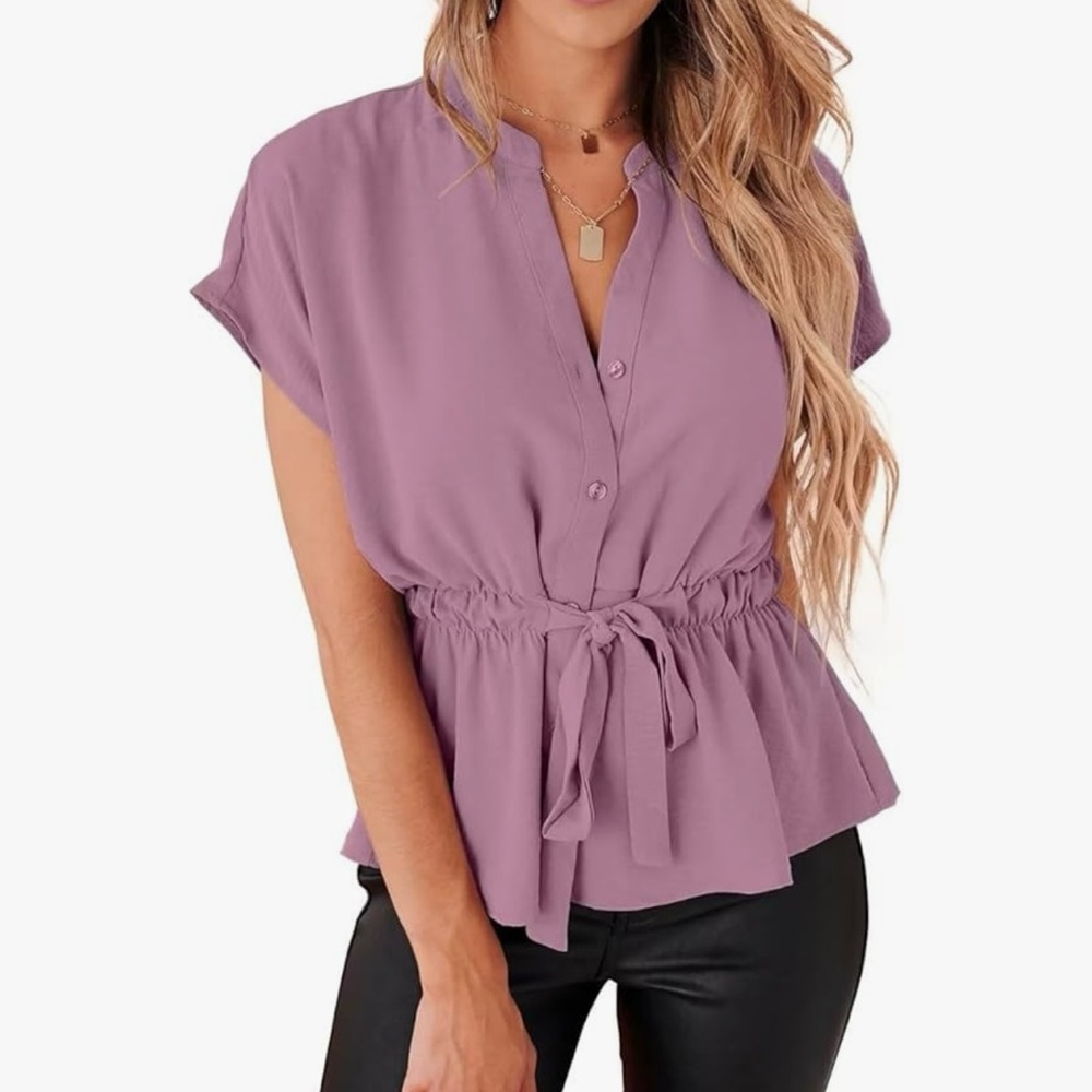 Women's Purple Button-Down Top with Tie Waist